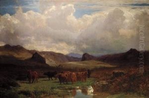 Cattle Grazing On A Hillside Beside A Lake by Auguste Francois