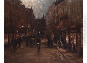 Nachtliche Strassenszene In Brussel Mit Beleuchteten Schaufenstern