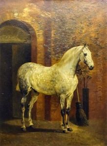 Portrait Of A Dappled Grey Horse And Portrait Of A Woman Riding Side Saddle On A Grey Horse (2 Works) by Alfred Frank