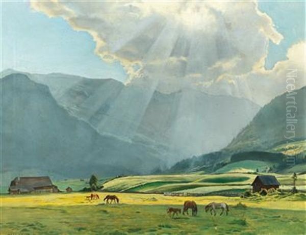 Grazing Horses In A Summer Landscape - view 1