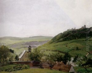Blick Von Der Hohe Uber Hugelige Landschaft Mit Burgruine, Kirchdorf Und Steinbruch