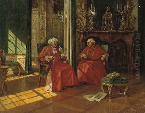 Two Cardinals In A Sunlit Interior by Josef Egon Frank