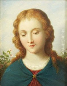 Junge Frau Mit Gesenktem Blick In Einem Rosengarten. Schulterstuck. Ausgefuhrt Im Stile Eines Marienbildnisses