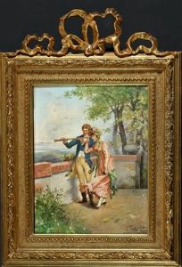 Junges Parchen Blickt Mit Fernrohr Von Einem Aussichtspunkt In Eine Weite Landschaft