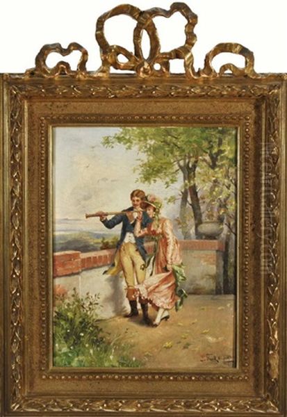 Junges Rokoko-parchen Blickt Mit Fernrohr Von Einem Aussichtspunkt In Eine Weite Landschaft - view 1