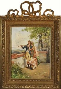Junges Rokoko-parchen Blickt Mit Fernrohr Von Einem Aussichtspunkt In Eine Weite Landschaft Junges Rokoko-parchen Blickt Mit Fernrohr Von Einem Aussichtspunkt In Eine Weite Landschaft