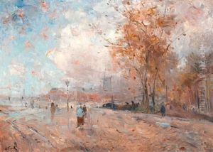 Hollands Havenstadje Met Wandelaars Bij Een Brug by Lucien Frank