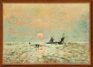 Coastal Scene With Sunshine Above The Ocean At Low Water by Lucien Frank