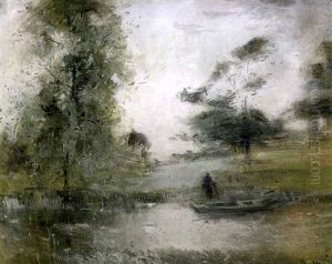 Paysage Brumeux Avec Pecheur Le Long D'un Etang by Lucien Frank