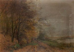 Charrette En Automne Au Bord D'un Etang by Lucien Frank