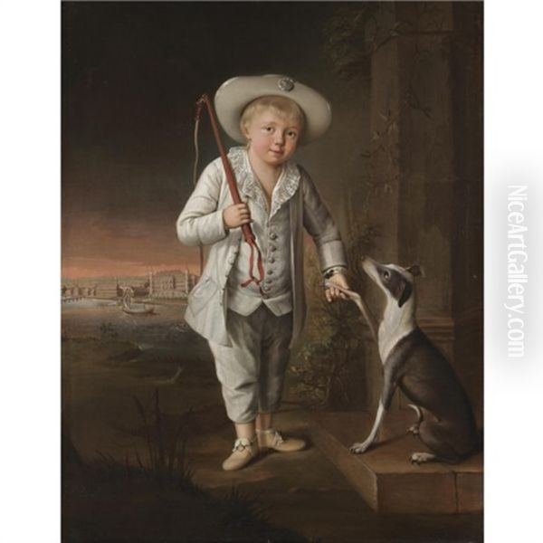 Portrait Of Christian Hohenzollern Wearing A White Costume And Hat, With His Pet Whippet By The River Oder, The Castle Of Schwedt Beyond - view 1