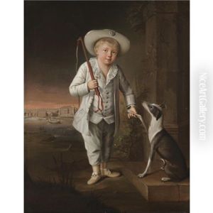 Portrait Of Christian Hohenzollern Wearing A White Costume And Hat, With His Pet Whippet By The River Oder, The Castle Of Schwedt Beyond