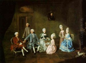 A Conversation Piece: Marc Antoine Andre De La Haye De Launay Seated In An Interior With His Wife And Three Daughters, Talking To A Friend by Johann Heinrich Christian Franke
