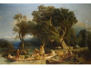 Vielfigurige Szenerie In Kaukasischer Flusslandschaft by Paul Von Franken