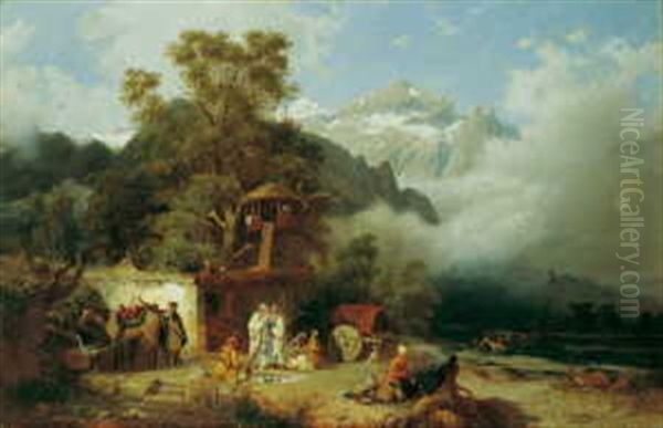 Gebirgslandschaft Im Kaukasus Mit Reicher Figurenstaffage - view 1