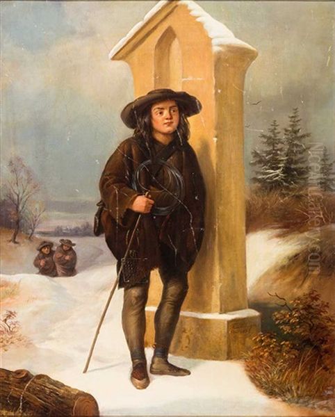 Fallensteller In Winterlicher Landschaft Vor Einem Marter - view 1