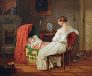 Young Mother At Her Child's Cradle by Johann Frankenberger