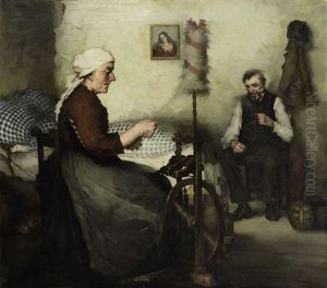 Bauerin Am Spinnrad Und Pfeife Rauchender Bauer In Der Stube by Robert Frank-Krauss