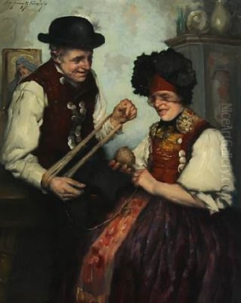 A Norwegian Interior With Husband And Wife Spinning Yarn - view 1