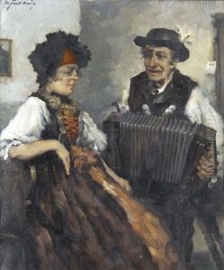 Interieur Mit Akkordeonspieler Und Trachtenfrau by Robert Frank-Krauss