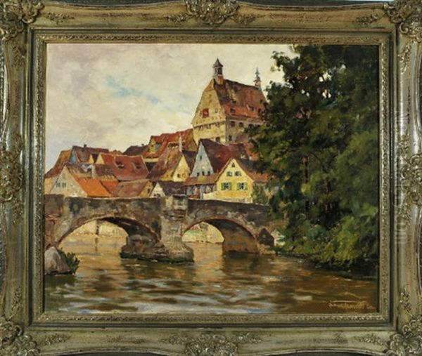 Partie Am Neckar Mit Blick Auf Die Steinerne Brucke Von Besigheim, Leicht Erhoht Das Rathaus Der Stadt - view 1