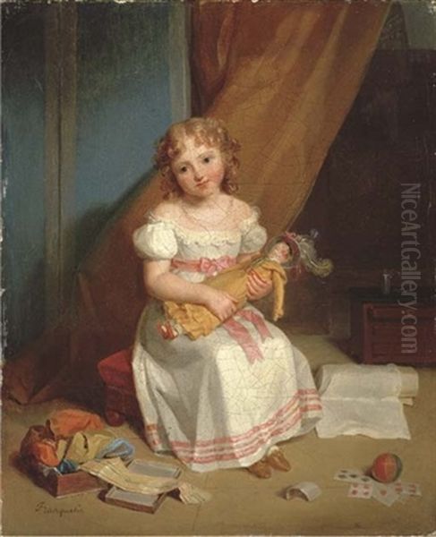 Portrait Of A Young Girl In A Nursery Holding A Doll With Cards, A Ball, And Ribbons - view 1