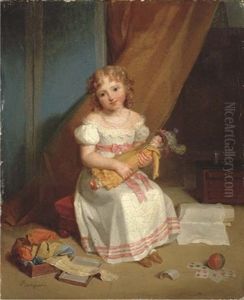 Portrait Of A Young Girl In A Nursery Holding A Doll With Cards, A Ball, And Ribbons by Jean Augustin Franquelin