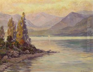 Boats On A Lake In A Mountain Landscape, Possibly Fallen Leaf, Lake Tahoe by Eugene Pierre Franquinet