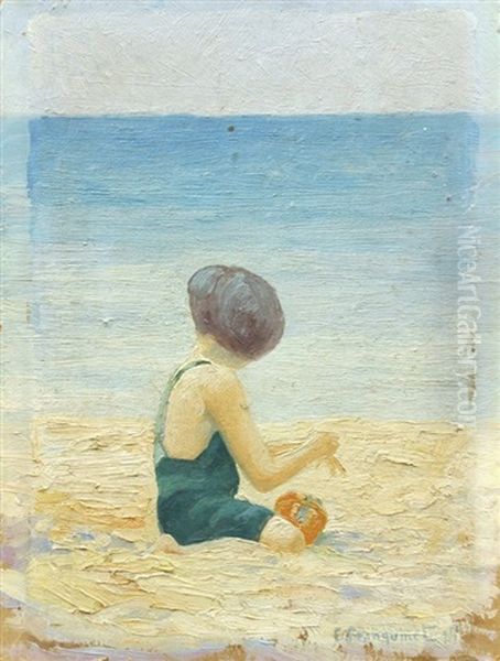Girl Playing At The Beach (+ Landscape With Trees, Verso) - view 1