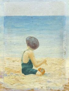 Girl Playing At The Beach (+ Landscape With Trees, Verso) by Eugene Pierre Franquinet