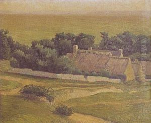 Country Landscape With Thatched Roof Buildings Amidst Trees Country Landscape With Thatched Roof Buildings Amidst Trees