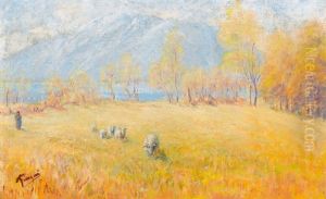Herbstliche Wiese Mit Schafherde Vor Einem See by Albert Henri Charles Franzoni