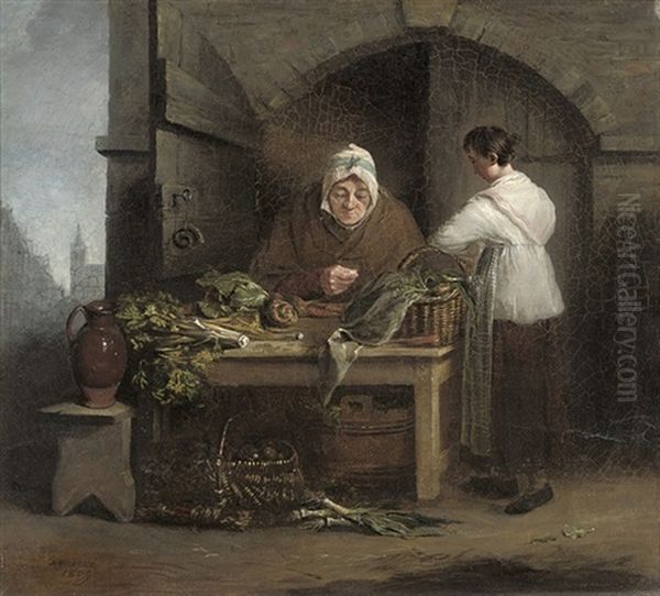 An Old Woman At A Table Of Vegetables With A Maid, In A Doorway - view 1