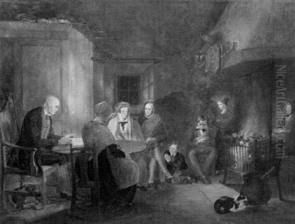 Interior With Family Seated Around A Hearth - view 1