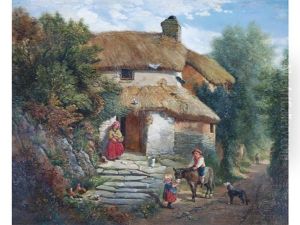 Thatched Cottage With Woman Feeding Chickens by Alexander Fraser the Younger
