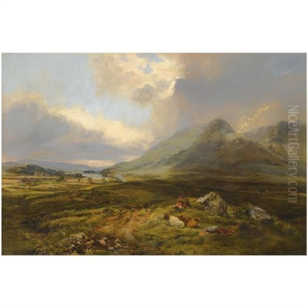 Figures And Cattle Resting Beside Loch Awe - view 1