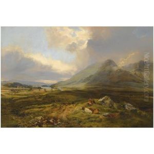 Figures And Cattle Resting Beside Loch Awe by Alexander Fraser the Younger