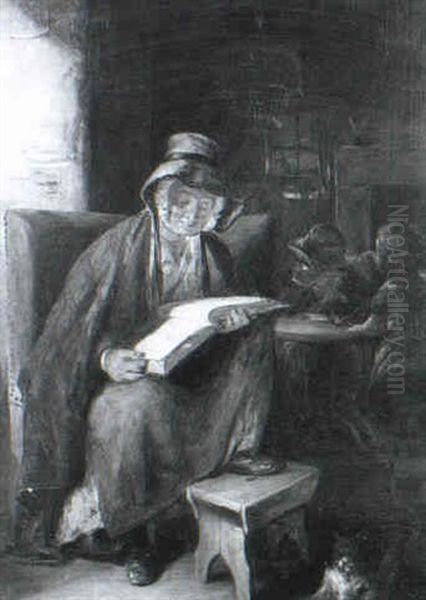 An Old Lady Reading In An Interior, With Two Children And Her Cat - view 1