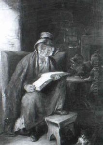 An Old Lady Reading In An Interior, With Two Children And Her Cat by Alexander Fraser the Younger