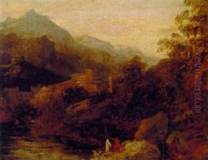 An Extensive Mountainous Landscape With Figures By A Pool And Fortifications Beyond (india?) by James Baille Fraser