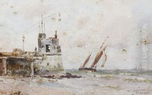 Shipping Off The Coast (+ Another; Pair) (+ In Plymouth Harbor, Watercolor; 3 Works) by John Fraser