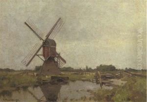 Molen Bij Fennemeer, Warmond - A Windmill In A Polder Landscape by Hendrik Frauenfelder