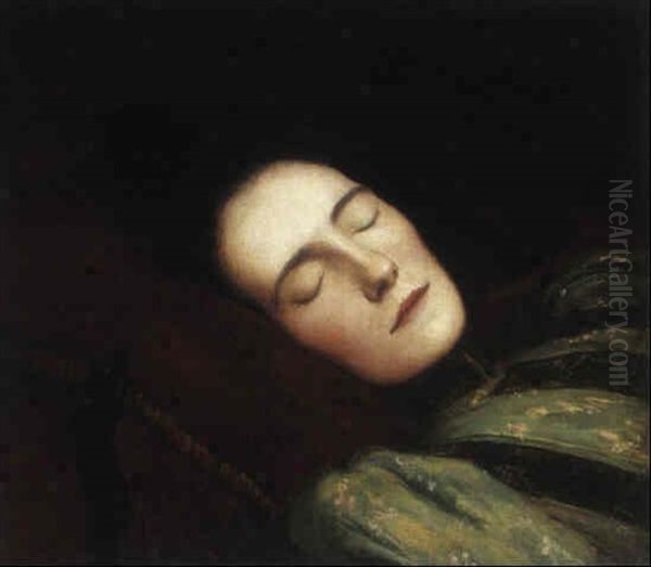 Lady Sleeping With Head Resting On A Red Velvet Cushion - view 1