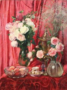 Nature Morte Aux Roses Devant Un Rideau Rouge