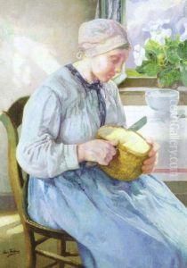 Jeune Paysanne Coupant Le Pain by Leon Frederic