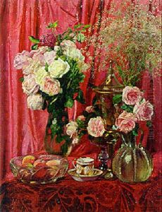 A Still Life With Roses In Vases And Peaches In A Bowl On A Draped Table by Leon Frederic