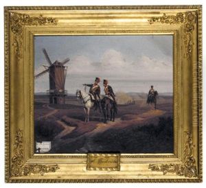 Officers On Horseback Near A Windmill (offiziere Zu Pferd Bei Einer Windmuhle) by Eduard Frederich