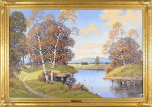 Summer Landscape With Birch Trees Along A River