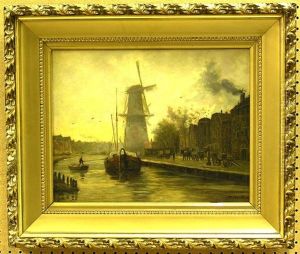 Canal By A Windmill With Boats by Carl Frederiksen