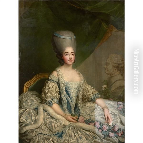 Portrait De La Comtesse De Provence Marie-josephine De Savoie Posant Devant Une Sculpture Representant Louis Xviii En Buste - view 1